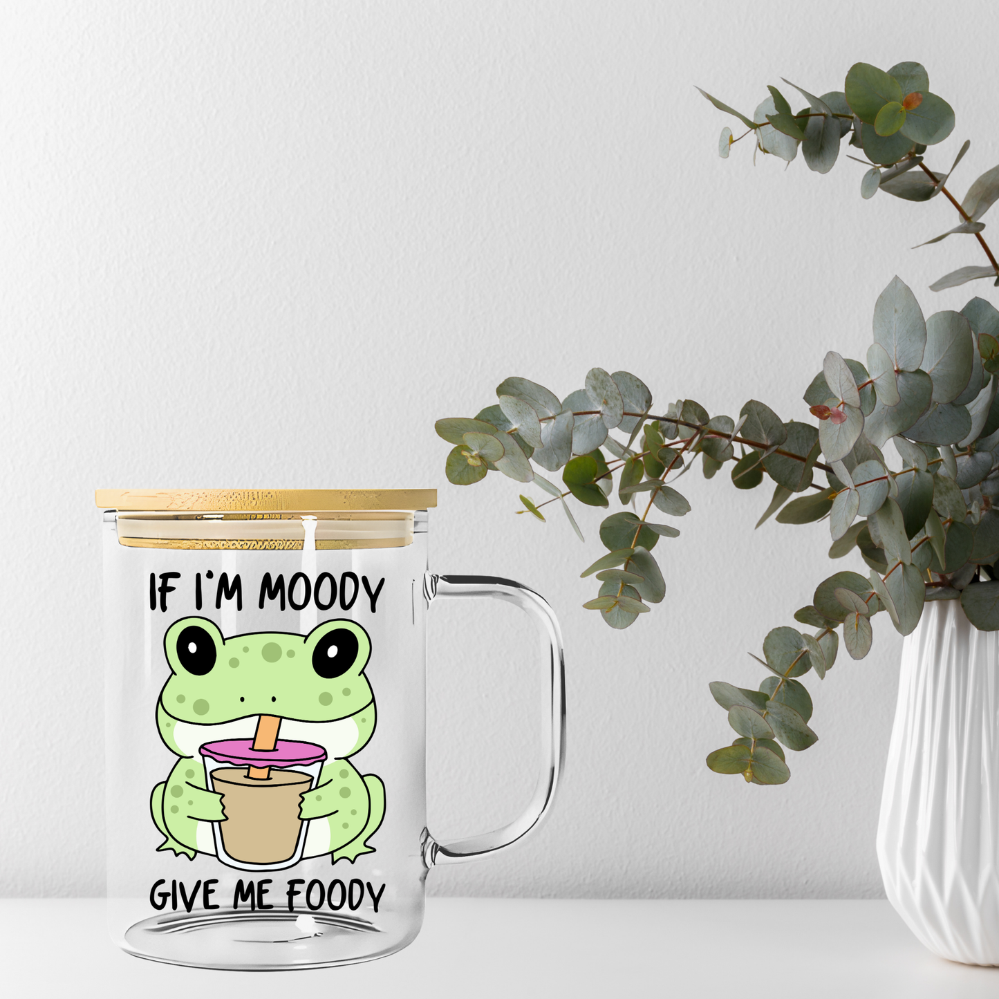If I’m Moody Give Me Foody Frog Iced Coffee Libbey Glass, Mug, or Tote Bag