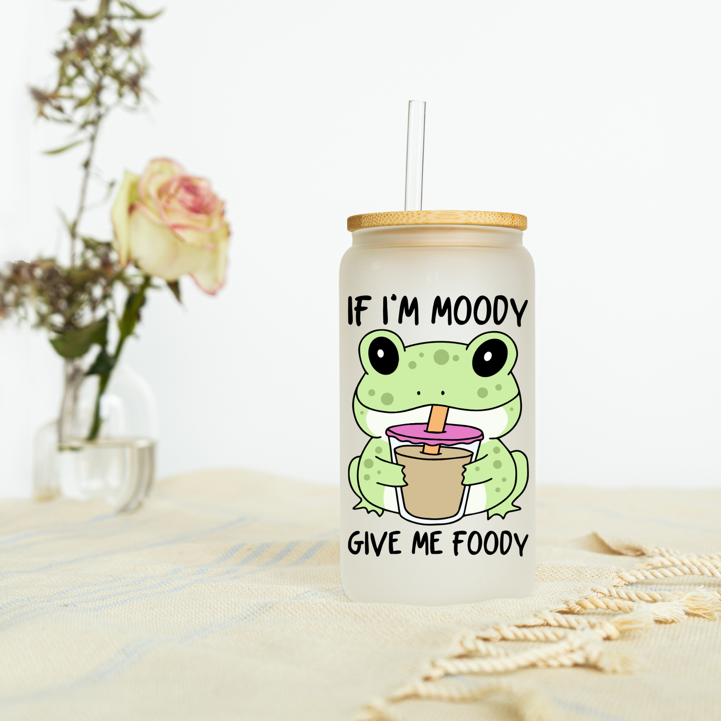 If I’m Moody Give Me Foody Frog Iced Coffee Libbey Glass, Mug, or Tote Bag