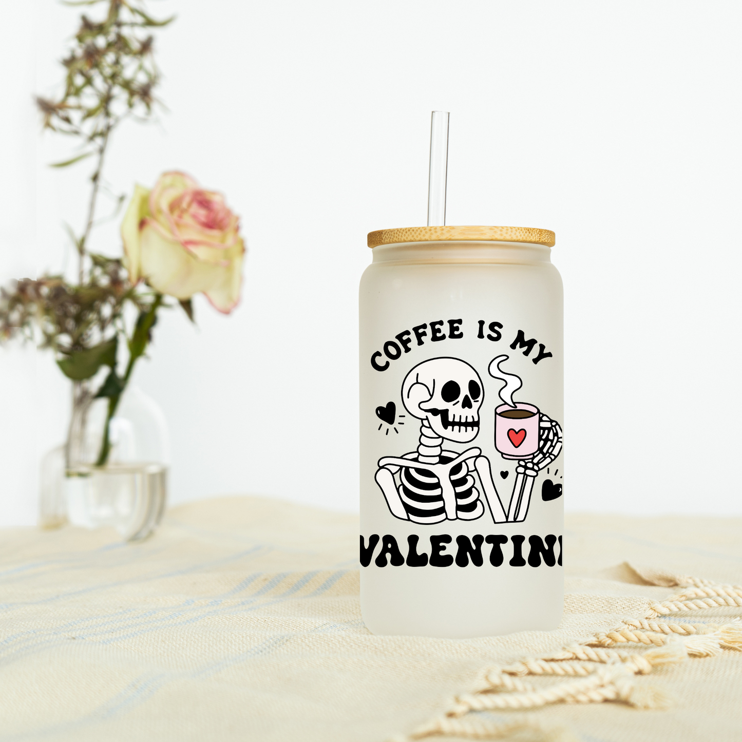 Coffee Is My Valentine Skeleton Libbey Glass, Mug, or Tote Bag