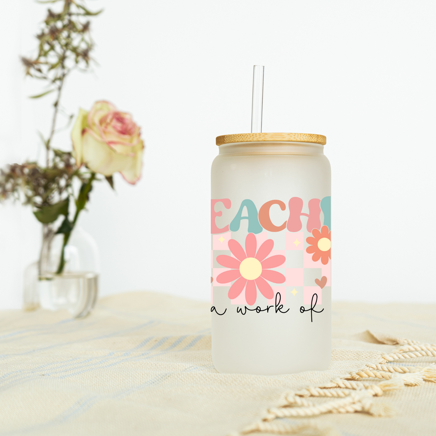 Teaching Is A Work Of Heart Florals Libbey Glass, Mug, or Tote Bag