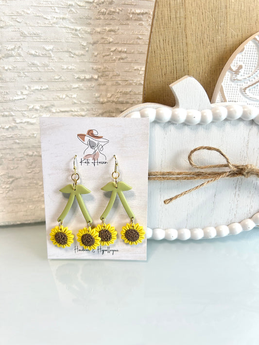 Sunflower Field Cherry Stem Fall Handmade Polymer Clay Earrings