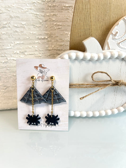 Web with Dropping Spider Halloween Fall Handmade Polymer Clay Earrings