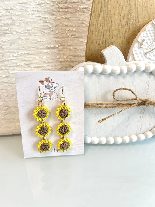 Sunflower Trio Three Tier Fall Handmade Polymer Clay Earrings