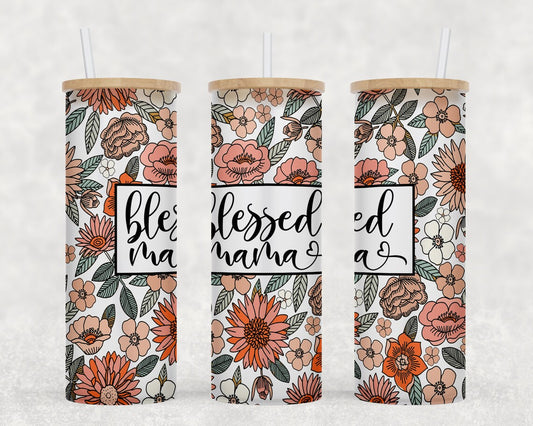 Blessed Mama Peach and Orange Floral 25oz Libbey Glass Tumbler